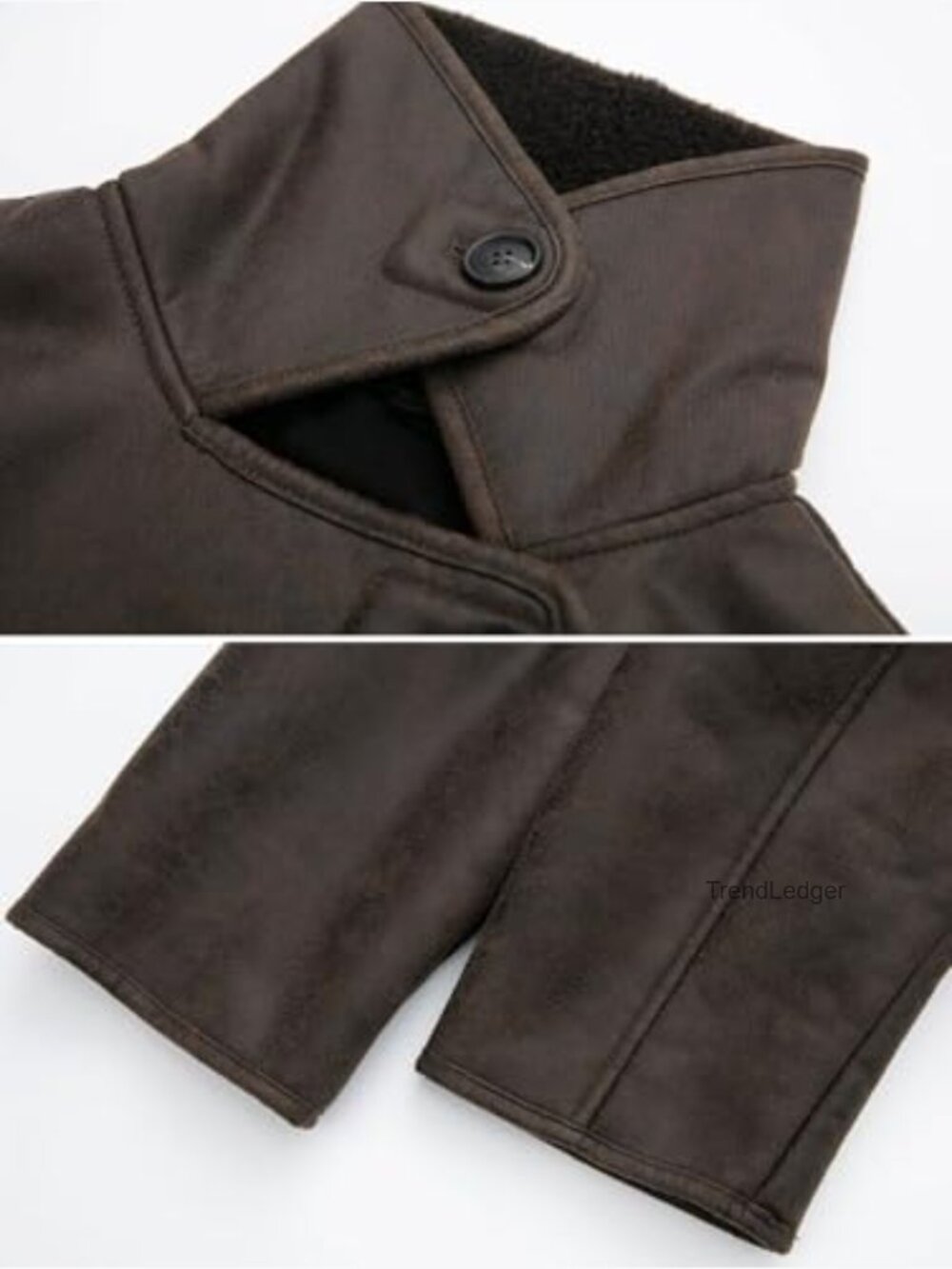 Women's Dark Brown Shearling-Trim Leather Jacket - Picture 6 of 7